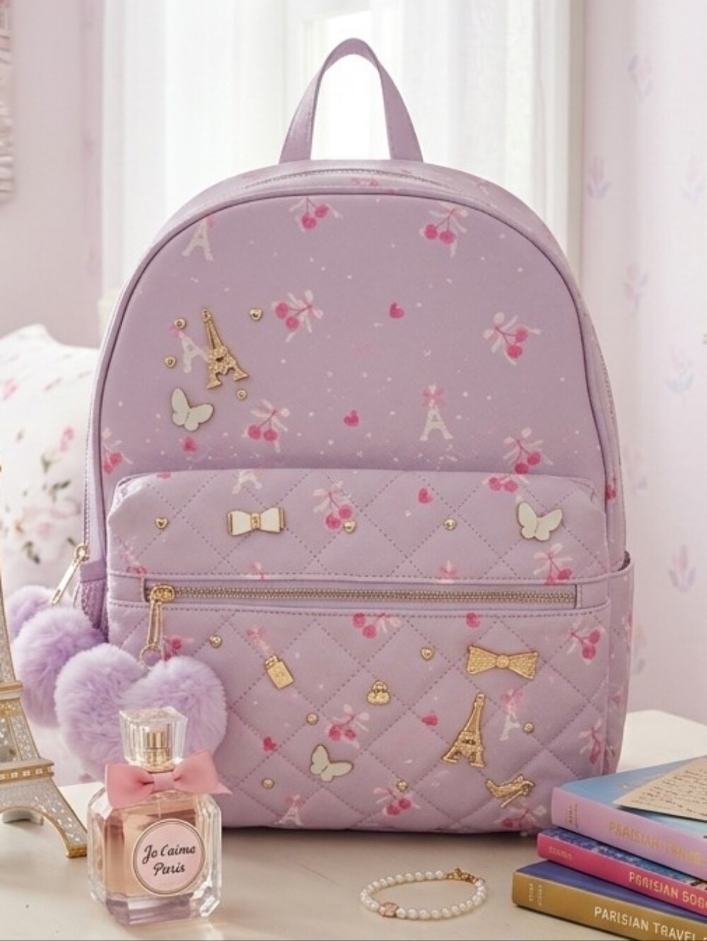Under One Sky Lavender Paris Themed Backpack with Cute Charms - NWT
